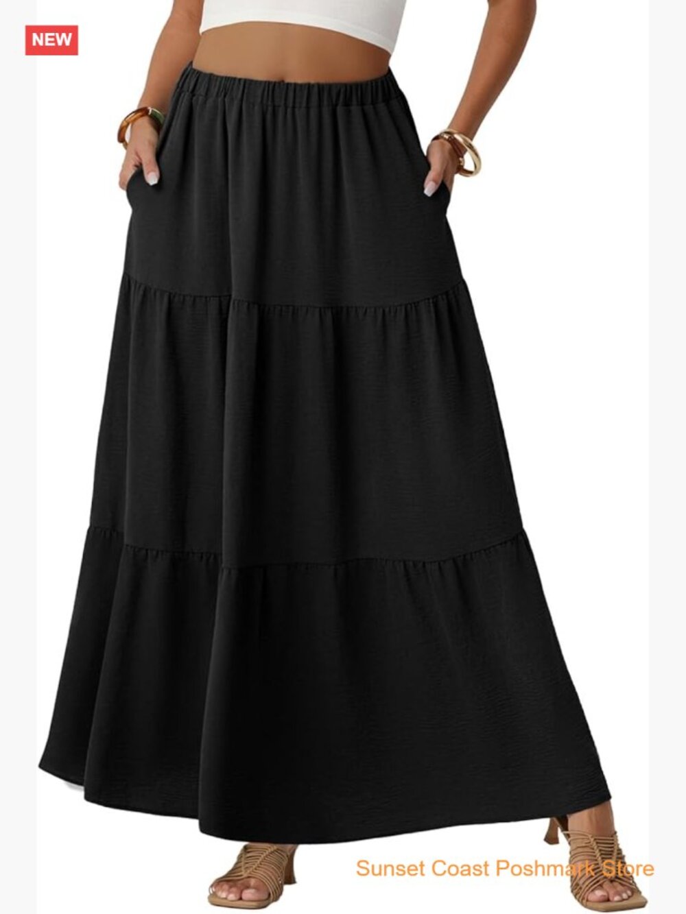 Boho Casual Maxi Skirt Flowy Elastic High Waisted A-Line Long with Pockets